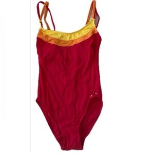 SUNFLAIR - Vibrant Red And Orange One Piece Swimsuit with Spaghetti Straps